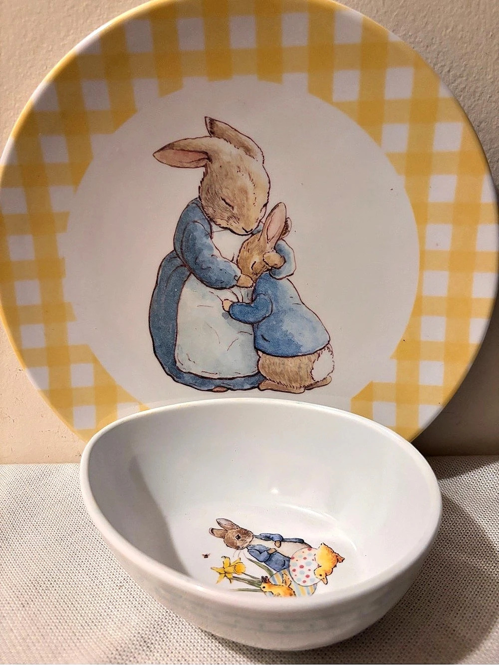 Pottery Barn Kids Beatrix Potter Melamine Plate & Bowl Set in Yellow & White
